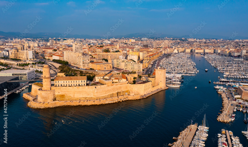 Aerial panoramic view of seaside areas of French city of Marseille on Mediterranean coast overlooking ancient 