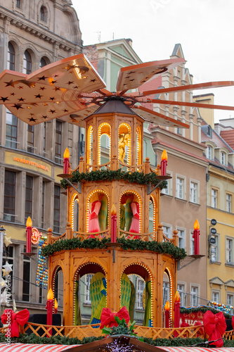 Decoration of Christmas fair mill in old town market of Wroclaw, Poland in 2021 © Masson