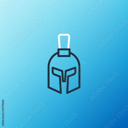 Line Greek helmet icon isolated on blue background. Antiques helmet for head protection soldiers with a crest of feathers or horsehair. Colorful outline concept. Vector