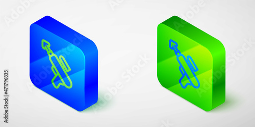 Isometric line Fishing harpoon icon isolated grey background. Fishery manufacturers for catching fish under water. Diving underwater equipment. Blue and green square button. Vector