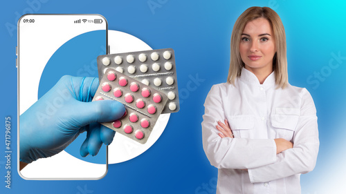 Hand holds out medications....