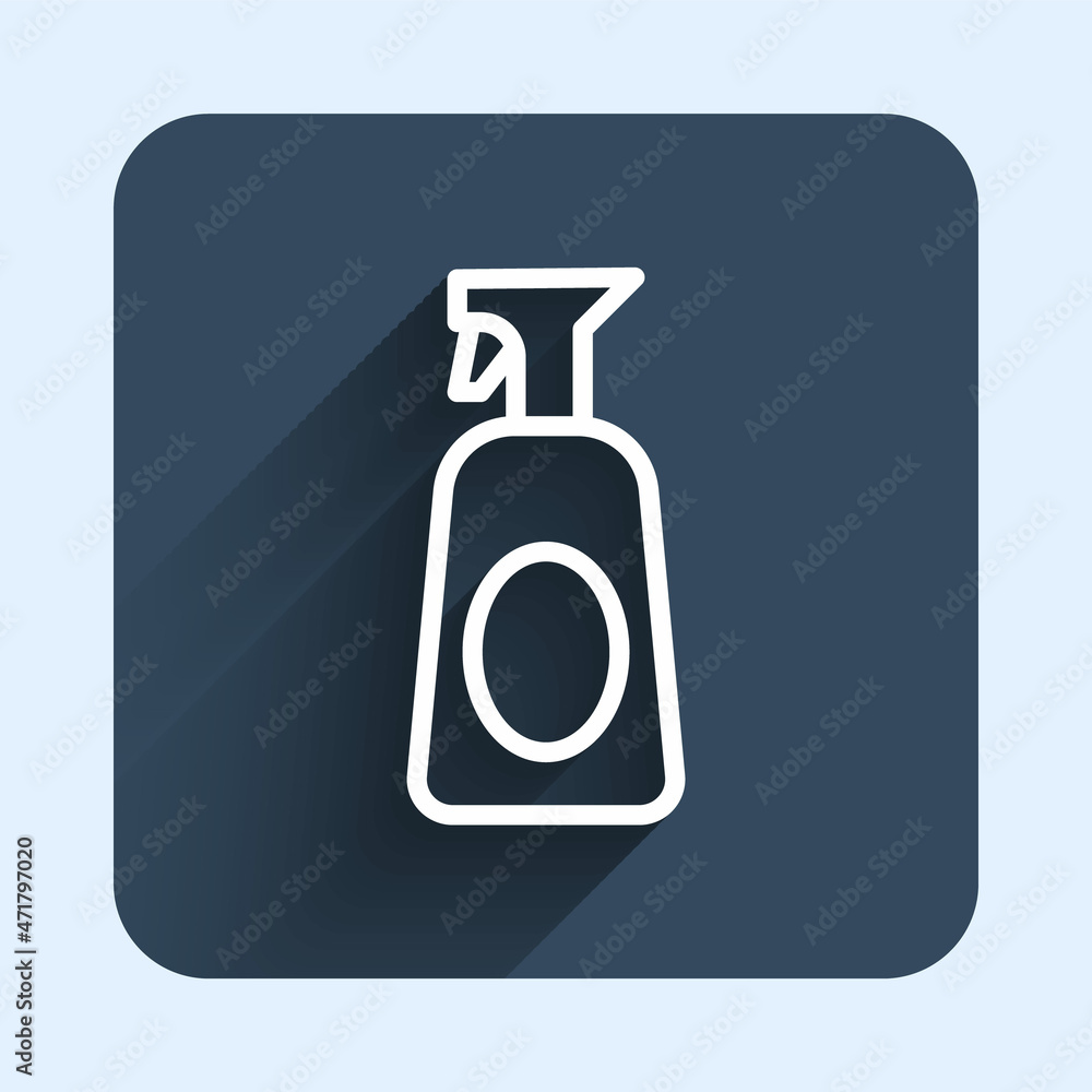 White line Cleaning spray bottle with detergent liquid icon isolated with long shadow background. Blue square button. Vector White line Cleaning spray bottle with detergent liquid icon isolated with long shadow background. Blue square button. Vector