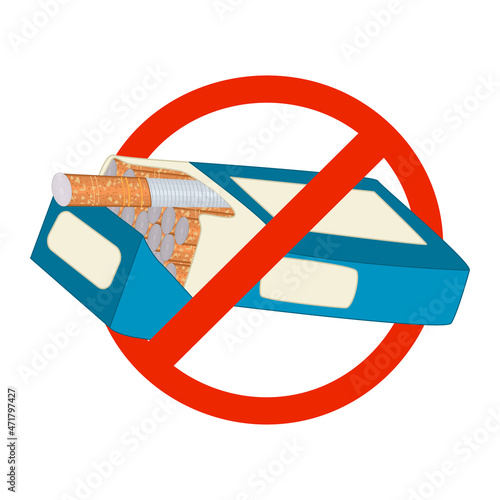 Pack of cigarettes under prohibition sign isolated on white background. No Smoking Day. Smoking harm concept. Stop smoke icon. Crossed pack of cigarettes. Do not smoke symbol.Stock vector illustration