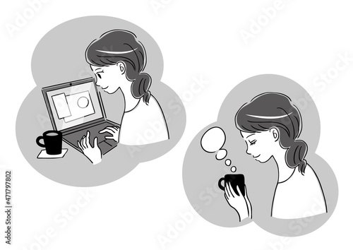 パソコンとお茶を飲む女性のイラスト