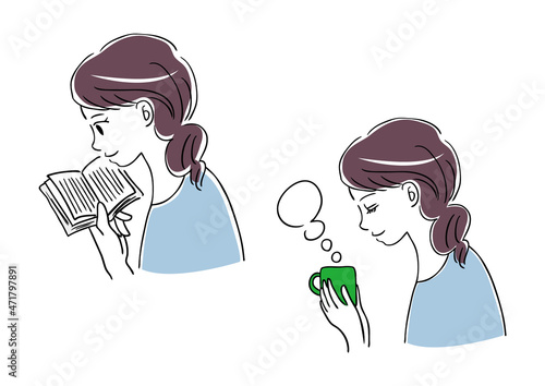読書とお茶を飲む女性のイラスト