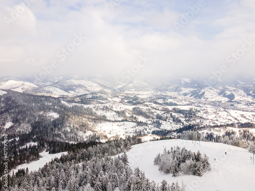 aerial view of trostyan ski mountain in ukraine carpathian mountain