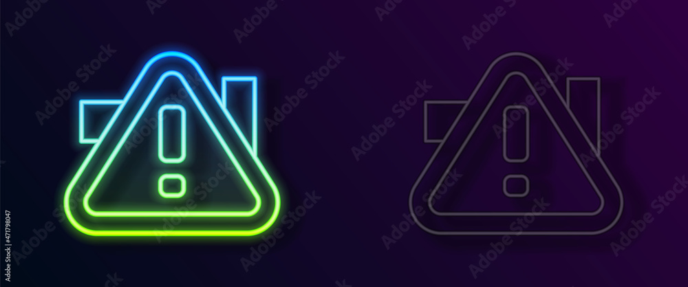 Glowing neon line Exclamation mark in triangle icon isolated on black background. Hazard warning sign, careful, attention, danger warning important. Vector