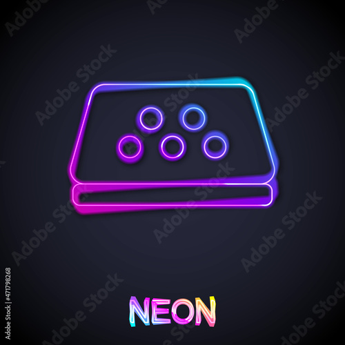 Glowing neon line Taxi car roof icon isolated on black background. Vector