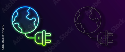 Glowing neon line Global energy power planet with plug icon isolated on black background. Ecology concept and environmental. Vector