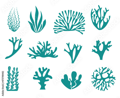 Isolated icons set silhouettes of seaweed and corals