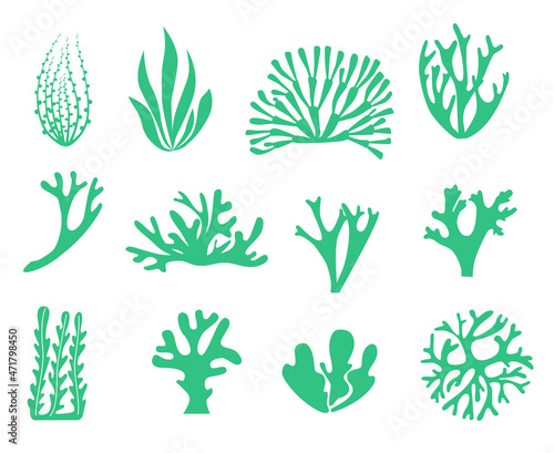 Isolated icons set silhouettes of seaweed and corals
