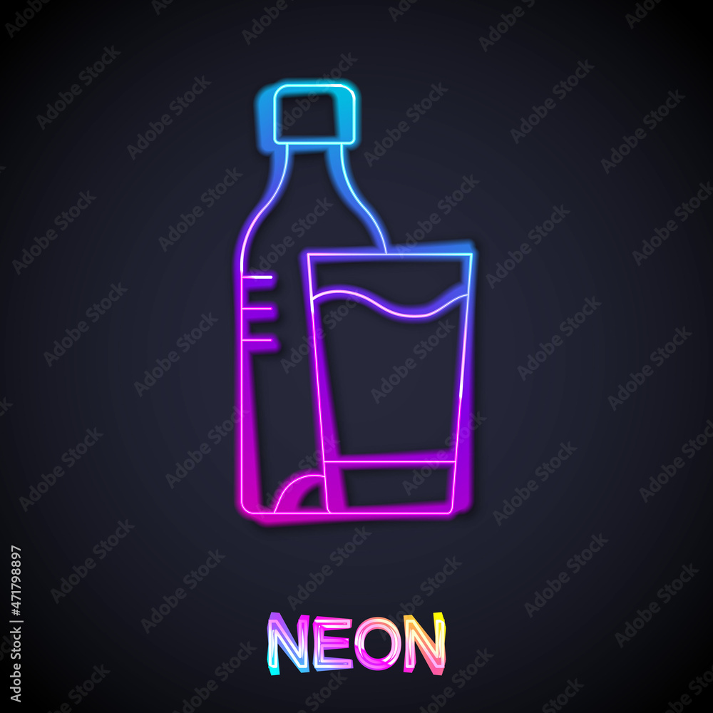 Glowing neon line Bottle of water with glass icon isolated on black background. Soda aqua drink sign. Vector Glowing neon line Bottle of water with glass icon isolated on black background. Soda aqua drink sign. Vector
