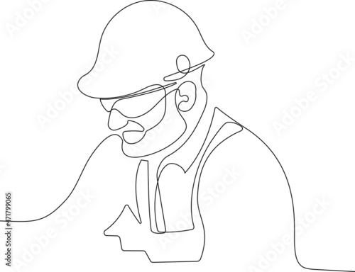 Continuous one line drawing of Industry maintenance engineer wearing uniform and safety helmet under inspection by tablet. Minimal outline concept. Vector illustration