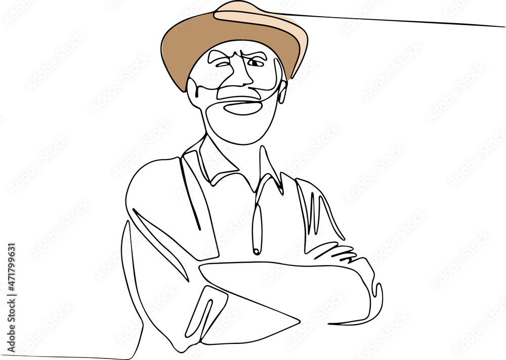 Continuous one line drawing of farmer posing with burlap sacks. Minimal outline concept. Vector illustration