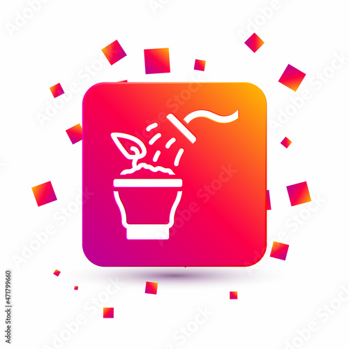 White Spraying a house plant with a spray gun icon isolated on white background. Moistening of foliage. Care for home flowers. Square color button. Vector