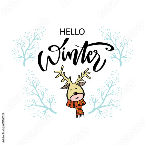 Hello winter greeting card with deer.
