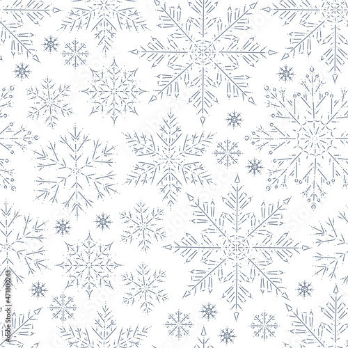 Seamless pattern with winter holiday snowflakes decor elements isolated. Line art, contour drawing, doodle hand drawn style. Vector illustration. For gift packaging.