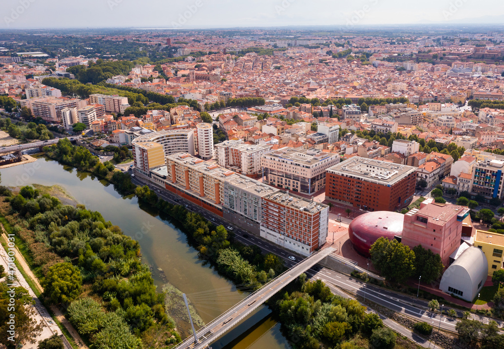 Bird's eye view of Perpignan, France. Residential buildings and Tet River visible from above.