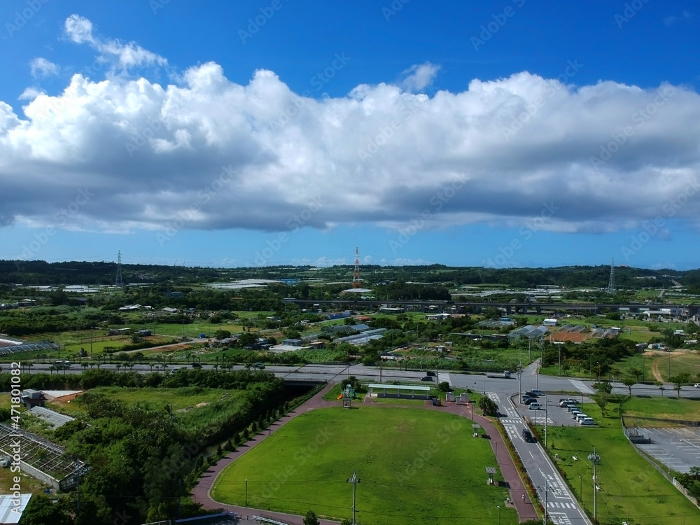 Aerial View - cloud tower city in Okinawa 