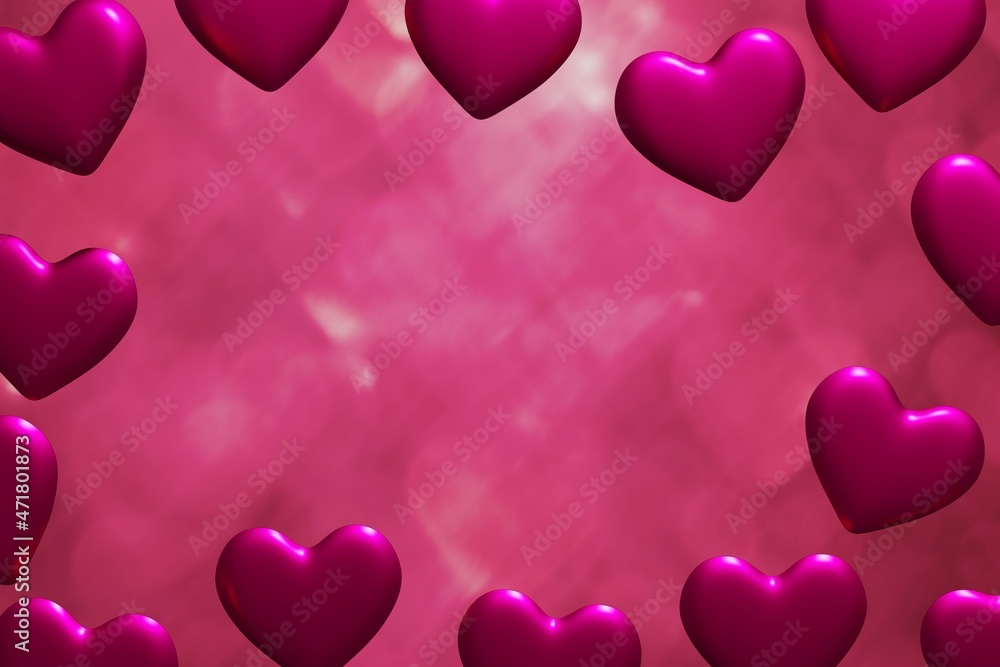 3d render of pink hearts frame with heart bokeh for Valentines Day