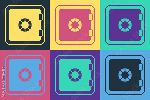 Pop art Safe icon isolated on color background. The door safe a bank vault with a combination lock. Reliable Data Protection. Vector