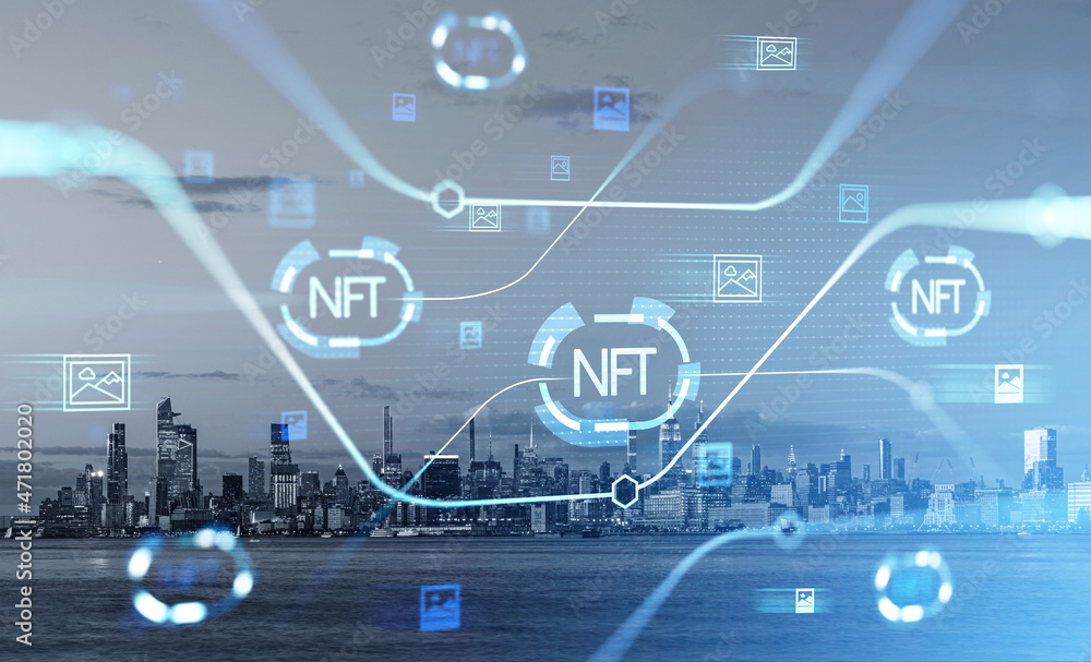 NFT icons with lines, cryptocurrency and New York city skyscrapers NFT icons with lines, cryptocurrency and New York city skyscrapers