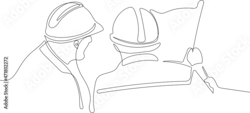 Continuous one line drawing of Industry maintenance engineer wearing uniform and safety helmet under inspection by tablet. Minimal outline concept. Vector illustration