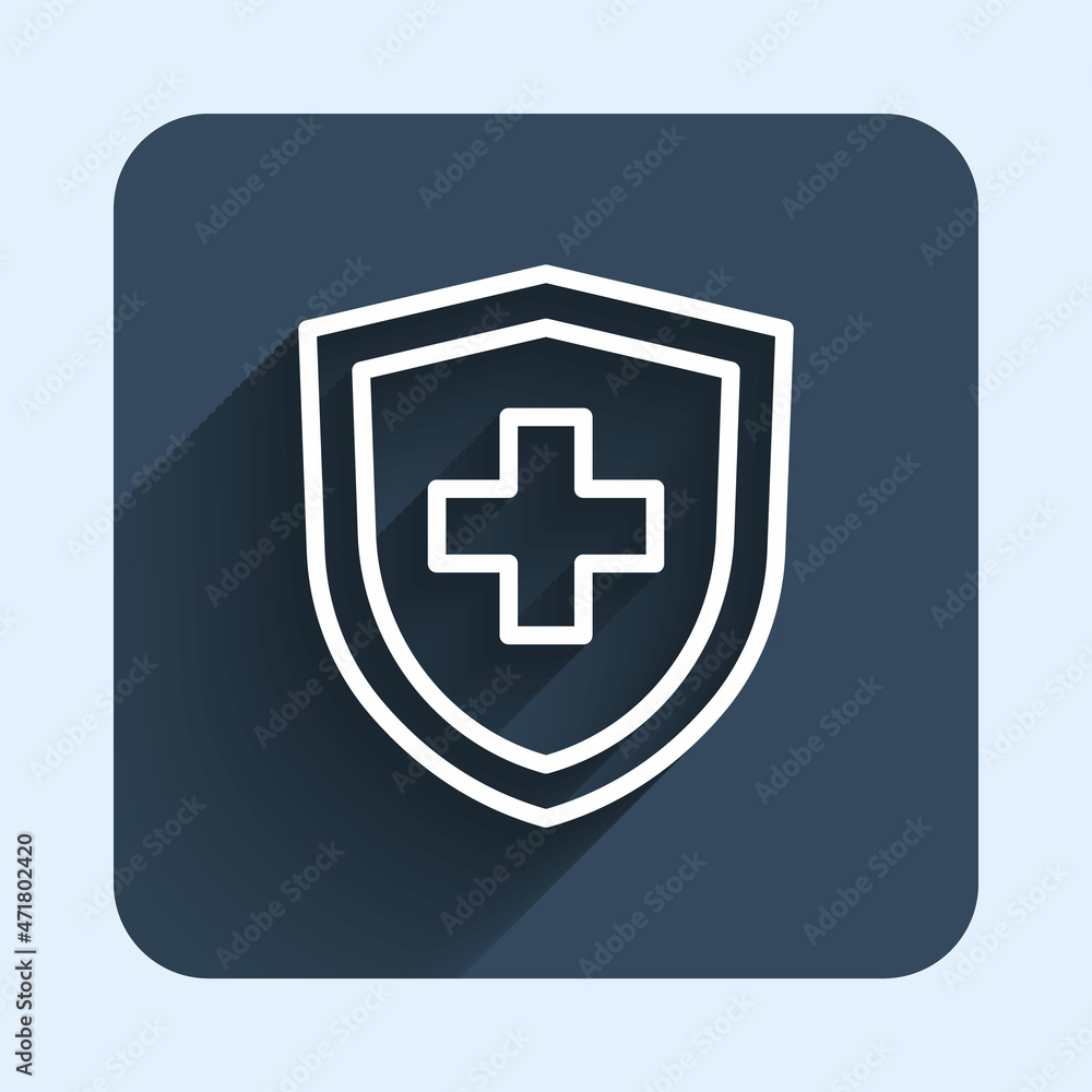 White line Life insurance with shield icon isolated with long shadow background. Security, safety, protection, protect concept. Blue square button. Vector White line Life insurance with shield icon isolated with long shadow background. Security, safety, protection, protect concept. Blue square button. Vector