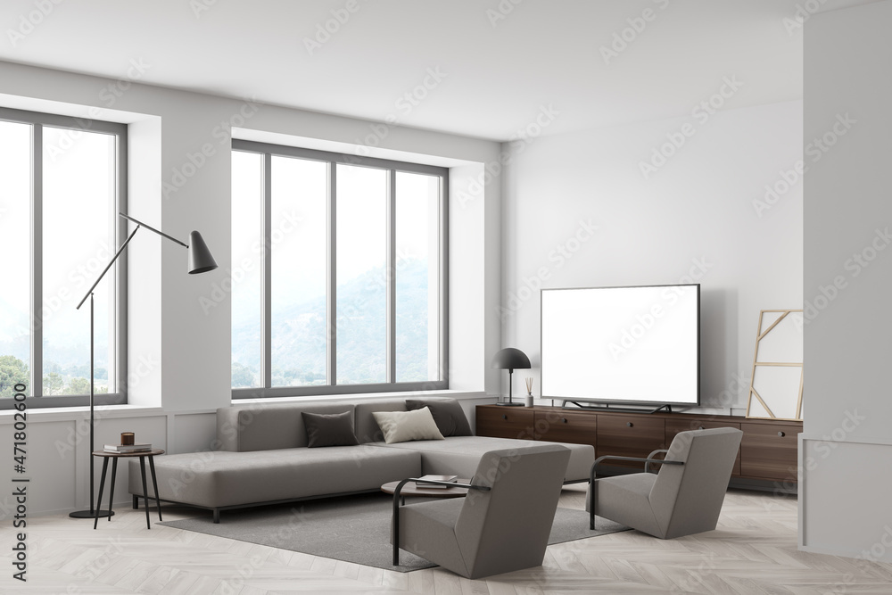 Fototapeta premium Living room interior with sofa and seats, window and television mockup screen