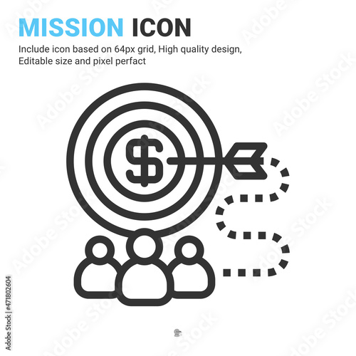 Mission icon vector with outline style isolated on white background. Vector illustration target, goals sign symbol icon concept for business, finance, industry, company, apps, web and project