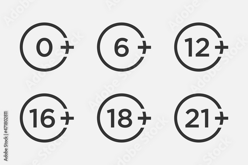 Set marks age limit sing restriction. Vector icons for children censoring content.