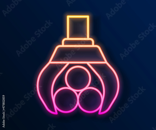 Glowing neon line Grapple crane grabbed a log icon isolated on black background. Forest industry. Industrial crane for lumber trunk wood production. Vector