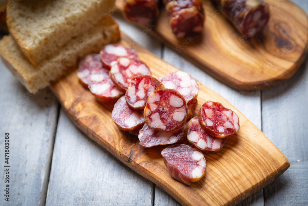 Slices of cured meat sausage