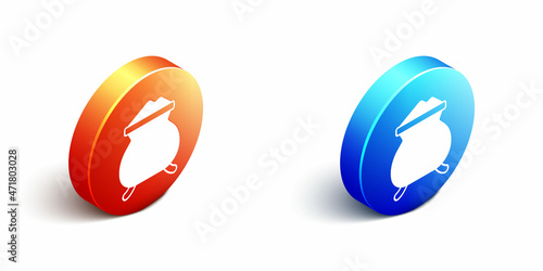 Isometric Molten gold being poured icon isolated on white background. Molten metal poured from ladle. Orange and blue circle button. Vector