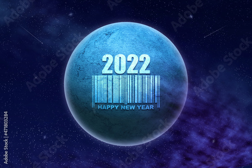 Abstract Christmas background, with a planet in the cosmic sky and barcode. 2022 numbers. 3D illustration. Abstract festive background.