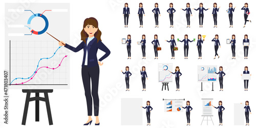 Businesswoman character set wearing business outfit with different set of pose doing different actions with presentation board graph chart and posing isolated