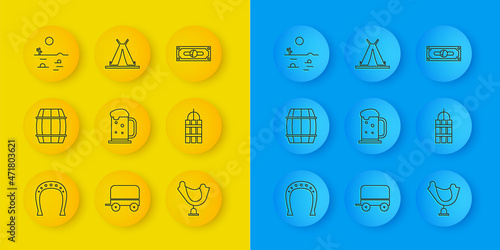 Set line Horseshoe, Wooden barrel, beer mug, Wild west saddle, Detonate dynamite bomb stick, Desert landscape with cactus, Stacks paper money cash and Indian teepee wigwam icon. Vector