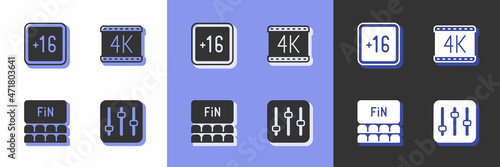 Set Sound mixer controller, Plus 16 movie, Cinema auditorium with screen and 4k icon. Vector