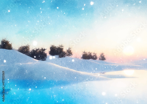 Hand painted watercolour winter solstice landscape against sunset sky