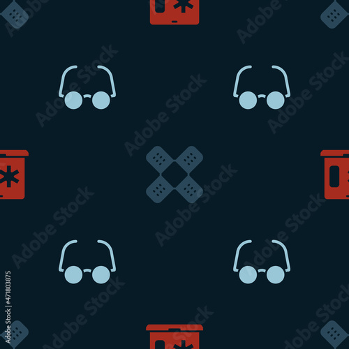 Set Clinical record on laptop, Crossed bandage plaster and Glasses on seamless pattern. Vector