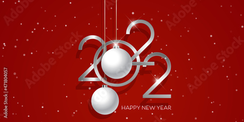 Happy New Year banner with hanging baubles