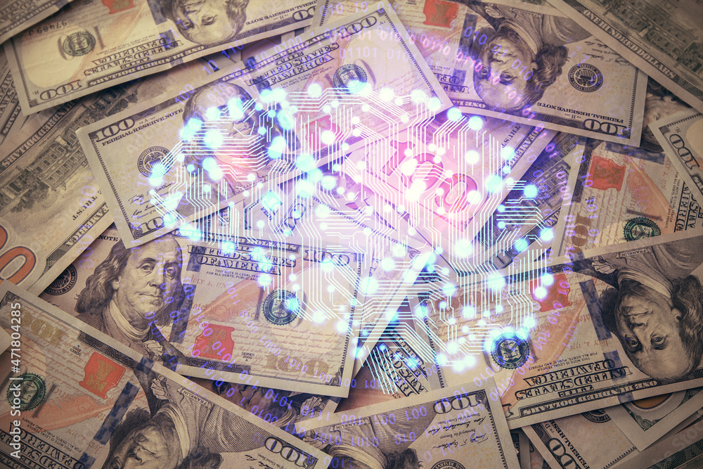 Double exposure of brain drawing over us dollars bill background. Technology concept.