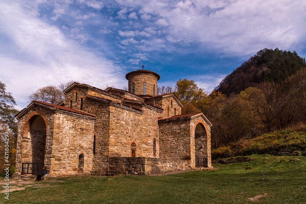 An ancient Christian temple of the XI century. The Church of St. George the Victorious. Alan settlement. Arkhyz. Karachay-Cherkessia