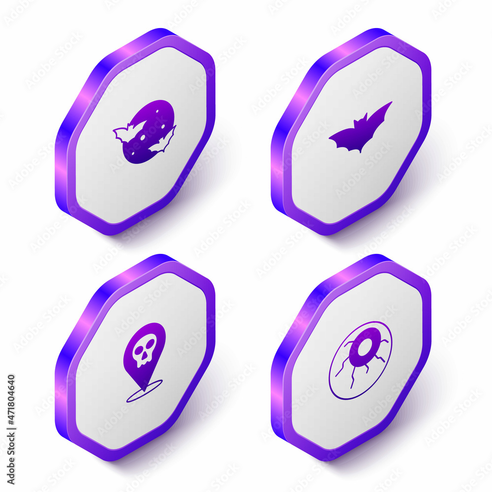 Set Isometric Moon and stars, Flying bat, Skull and Eye icon. Purple hexagon button. Vector Set Isometric Moon and stars, Flying bat, Skull and Eye icon. Purple hexagon button. Vector