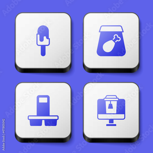 Set Ice cream, Online ordering meal, Coffee cup to go and food icon. White square button. Vector