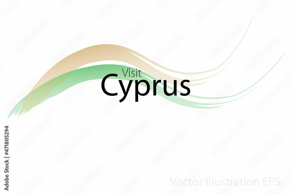 the slogan visit Cyprus with curved waves in watercolor style which are in the colors of the national flag. Vector Illustration