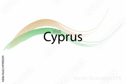 the slogan visit Cyprus with curved waves in watercolor style which are in the colors of the national flag. Vector Illustration