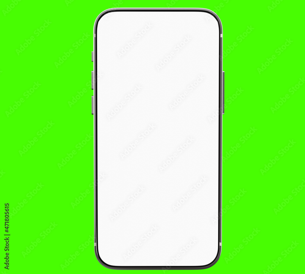 Smartphone mockup with a blank screen. Silver vector frameless smartphone. Mobile phone isolated on a bright green background. Place for text on the gadget screen. 3d image Smartphone mockup with a blank screen. Silver vector frameless smartphone. Mobile phone isolated on a bright green background. Place for text on the gadget screen. 3d image
