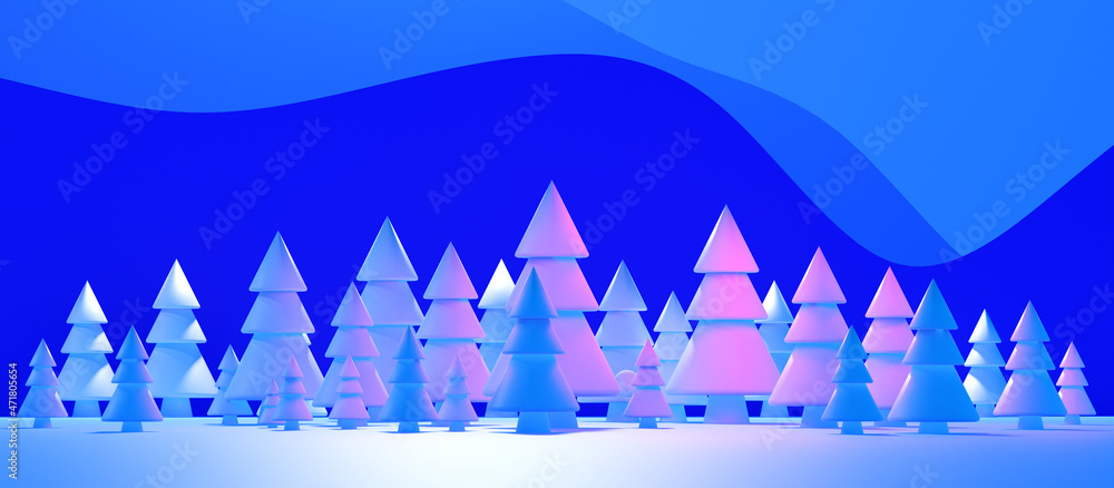 Naklejka premium Creative Christmas pattern. Fancy Christmas trees on a blue background. New Year's fantasy. Three-dimensional Christmas trees and a place for text. Blue holiday banner. 3d image