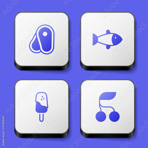 Set Steak meat, Fish, Ice cream and Fresh berries icon. White square button. Vector
